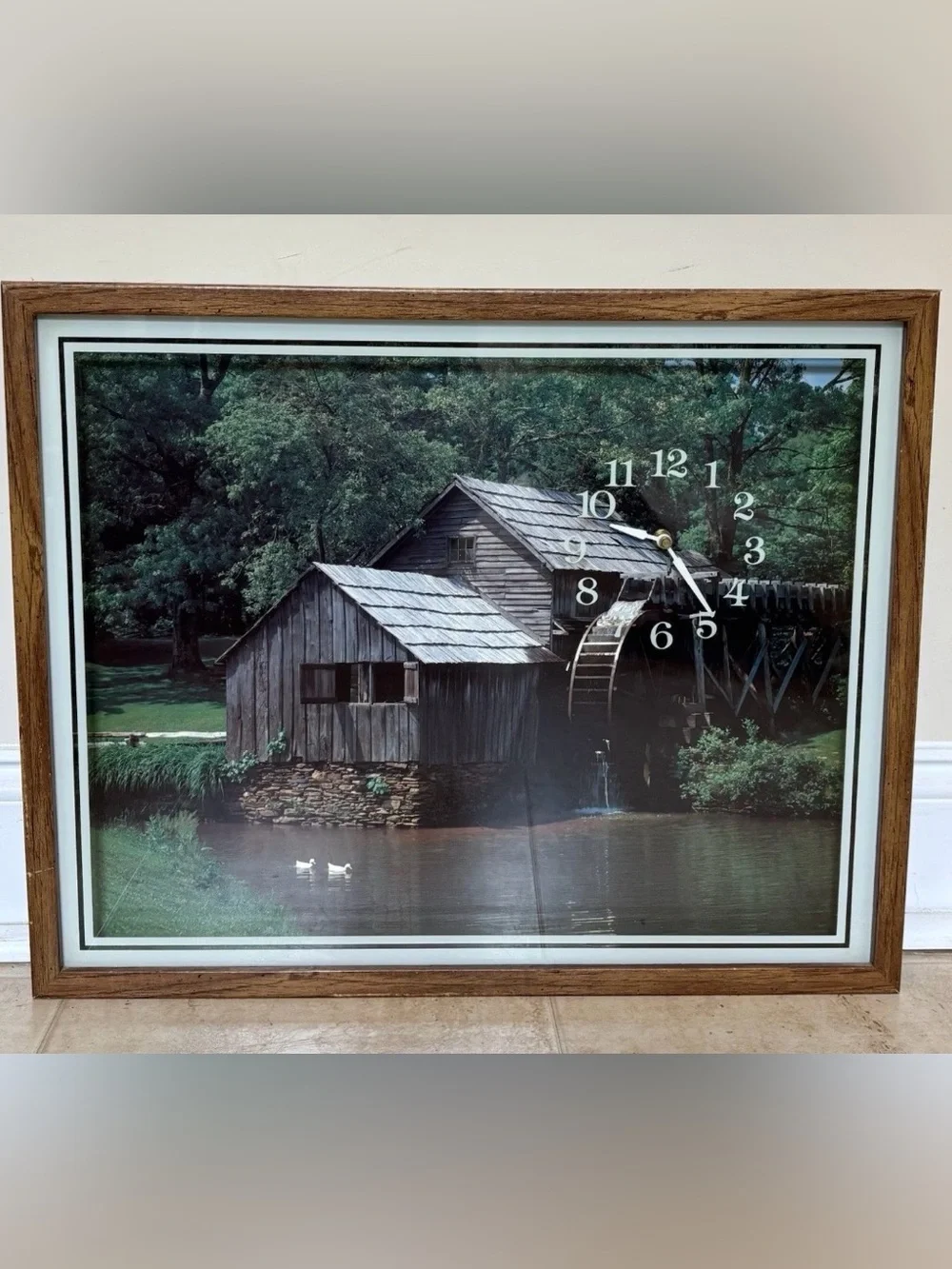 Vintage Scenic Rustic Watermill Wall Clock Decor in Brown and Green